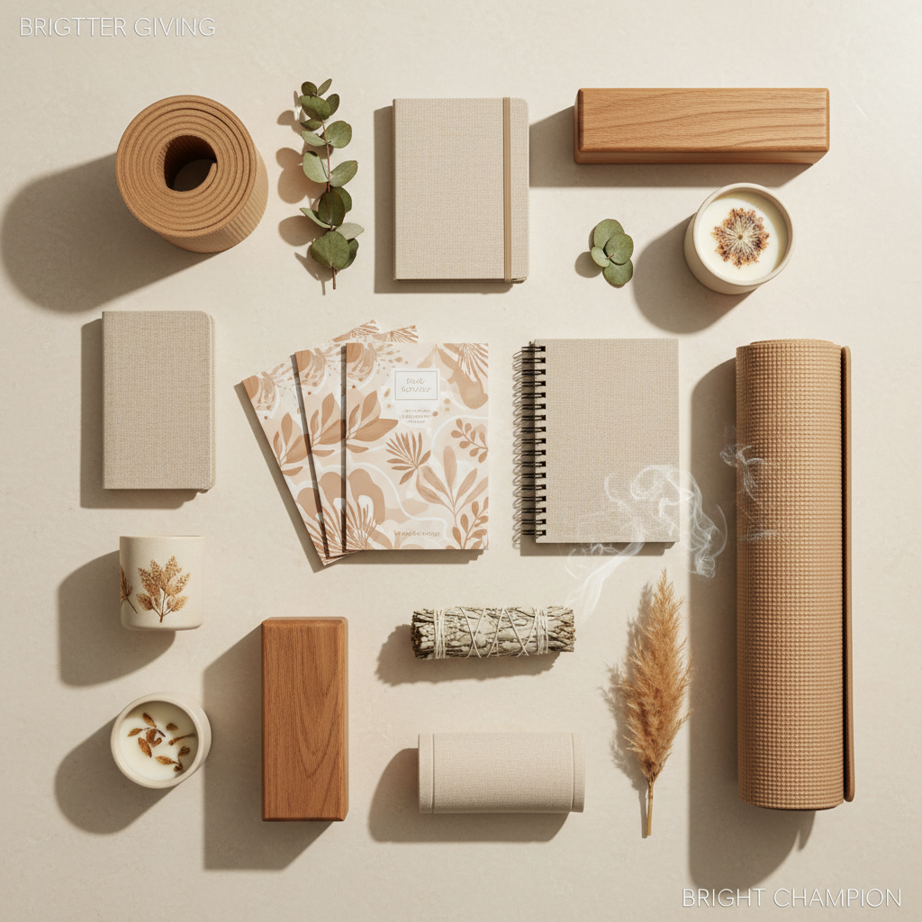 Expansive cream and sage Bright Champion wellness collection with guides, planner, journal, yoga accessories, and botanical details