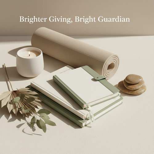 Premium cream and sage Bright Guardian wellness cover with layered planners, journal, yoga mat, candle, and leaves