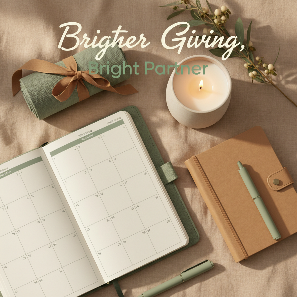 Cream and sage Bright Partner digital wellness cover with planner, yoga strap, journal, candle, and botanical branch