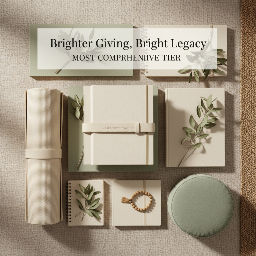 Ultra-premium cream and sage Bright Legacy wellness library with guide volumes, planners, journals, yoga accessories, and botanical branches